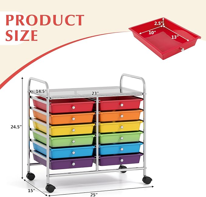 GOFLAME 12-Drawer Rolling Storage Cart, Multifunctional Art Craft Organizer Cart, Mobile Utility Storage Cart with Removable Drawers & Lockable Wheels, Craft Cart for Home Office School, Multicolored - Image 3
