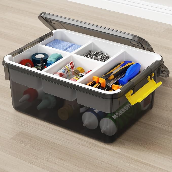 20Qt Stackable Storage Bins with Lids Trays Craft Box Organizers, 1Pack,GY | Clear Plastic Latching Boxes Organizers with Dividers Portable Containers for Arts & Crafts, Home Office Classroom Car Trunk by HOMETUK