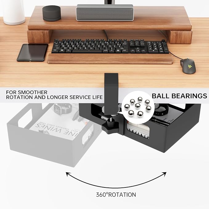 2 Pack Clamp-on Swivel Organizer, Under Desk Hidden Storage Drawer with Cable Hole, Hanging Metal Basket for Extender Space - Image 2