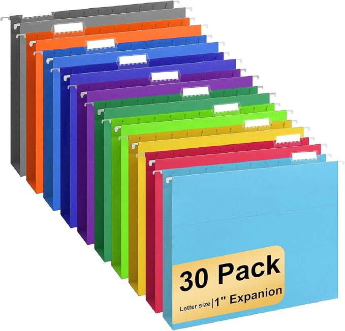 Hanging File Folders, 30 Pack Letter Size Hanging File folders with 1/5-cut Tabs, Stay Organized for Your Home and Office Bulk File, Documents and Paper, 10 Colors by YOPCDJ