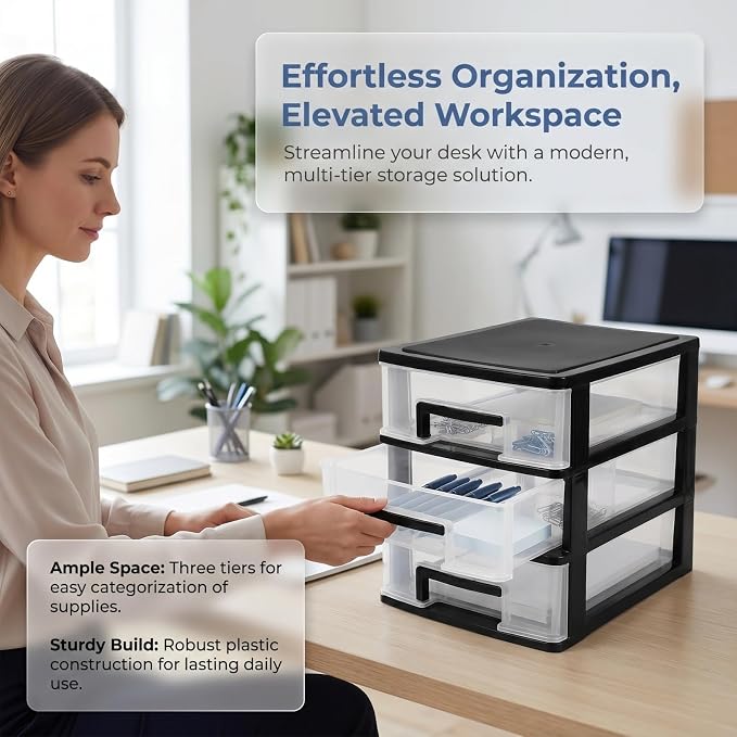 Angoily 3 Tier Plastic Drawer Type Closet, Plastic Home Office Storage Organizer, Makeup Organizer Storage Station Cube, Cosmetics Jewelry Storage Box for Home, Dorm, Office (8.46x5.90x5.12 Inch) - Image 8