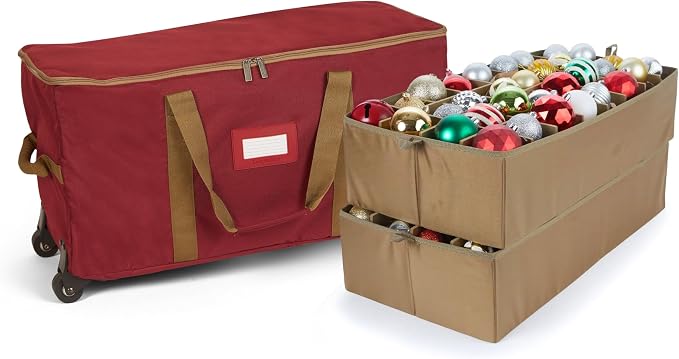 Covermates Keepsakes Rolling Adjustable Ornament Storage Bag – Heavy-Duty Polyester, FlexGrid Trays & Padded Dividers – Protective Holiday Organizer with Wheels, Handles & ID Window, Red by Covermates