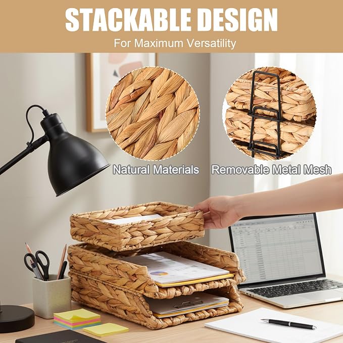 3 Pack Water Hyacinth Woven Stackable Desk Organizer Letter Tray, Primary Color Tabletop Desk Basket for Storage Paper Letter Folders Notebooks Copy Print, Workspace Holder - Image 4