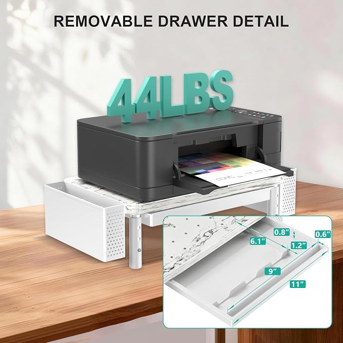 WALI Computer Monitor Stand with Storage, Desk Organizer with Drawer and Pen Holder, Desk Monitor Riser 3 Height Adjustable, Laptop Riser for Computer, Laptop, Printer(PTT003-M), 1 Pack, Marble - Image 5
