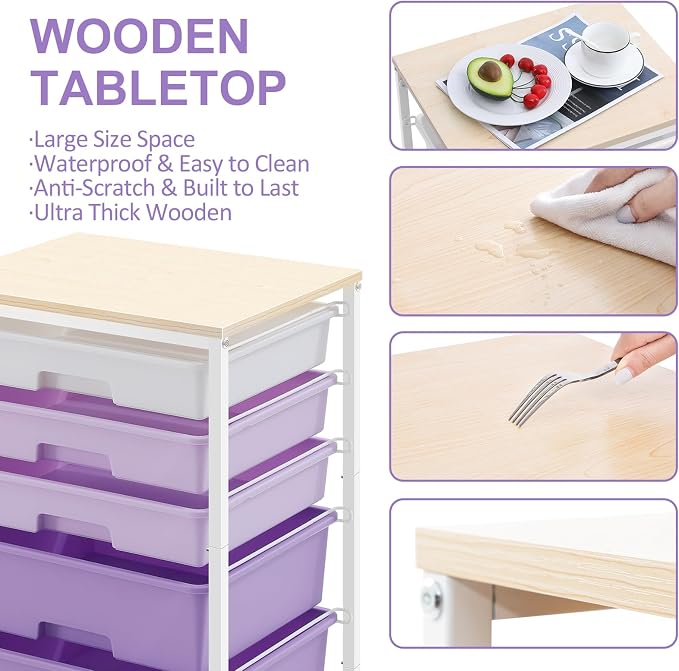 SYKIARIOL Utility Cart with 5 Drawers with Wooden Top,Purple | 5-Tiers Storage Cart with Drawers with Lockable Wheels for Craft Organizers and Storage,Home Office,Classroom,Dorm ,Playroom - Image 6