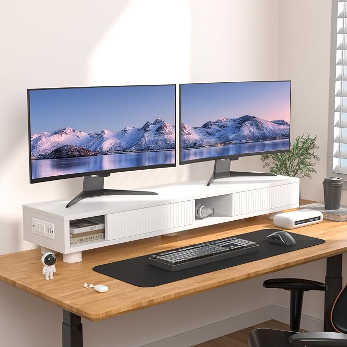 Artswish 42" White Dual Monitor Stand with Power Outlet & Storage Drawer | 42" Monitor Riser for Home Office, Built-In Power Outlet, Hidden Storage & Darwer, Adjustable Height - Image 3
