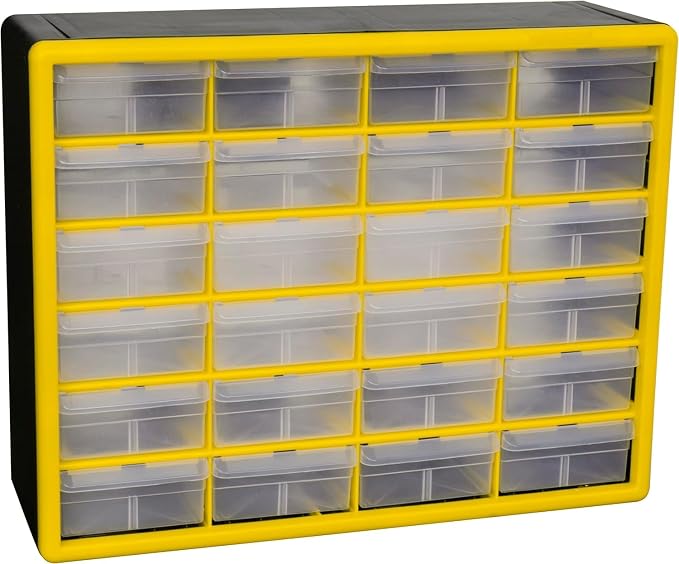 Akro-Mils 24-Drawer Plastic Storage Cabinet, 20"W x 6"D x 16"H, Yellow | Plastic Cabinet w/ Drawers for Garage Organization, Beads, Building Bricks Storage, Teacher Toolbox, Makeup Organizer, 10124 by Akro-Mils