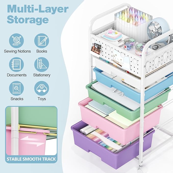 5 Drawer Rolling Storage Cart with Pegboard Top and Hooks, Ice Cream | Mobile Organizer Cart with Wheels for Office Supplies, Craft Storage, Classroom Organization, Home Utility Cart - Image 3