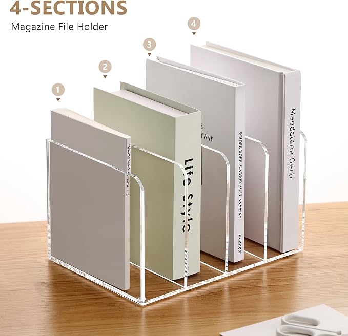 SANRUI Acrylic Desk Magazine File Holder, Clear,4 Vertical Compartments | Workspace Document Organizer Sorter for Documents, Tablet, Magazines, Books & Accessories - Image 5
