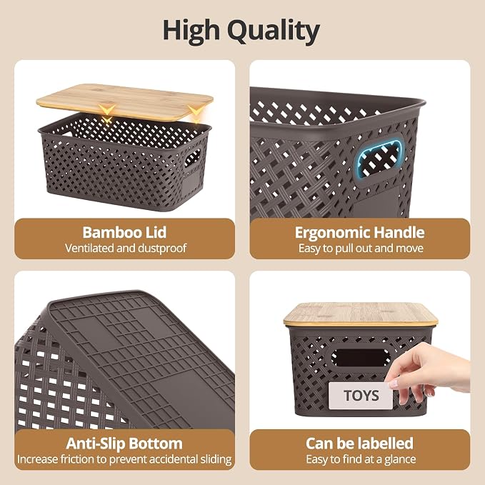 Plastic Storage Bins with Bamboo Lids, Stackable Small Box Baskets for Organizing and Containers for Shelves Drawers Desktop Closet Pantry Classroom Office Home, 6 Pack 10.2x7.2x4.1 Inch, Brown - Image 3