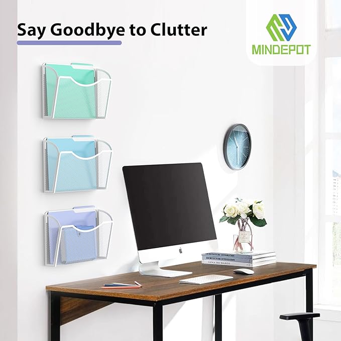 MINDEPOT Wall File Organizer, Hanging Wall File Holder, 3 Pack, Black | Heavy Duty Iron, Metal Mesh Wall Mount, Single Pocket, Mail Organizer, for Office School Classroom Home, Letter A4 Size - Image 6