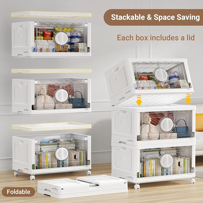 BROVIEW 360Qt Lockable Stackable Storage Bins with Lids, Closet Organizers and Storage Drawer, Collapsible Storage Bin with Wheels, Plastic Cabinet for Toy Clothes Dorm Organizer, V9 3 Pack White - Image 9