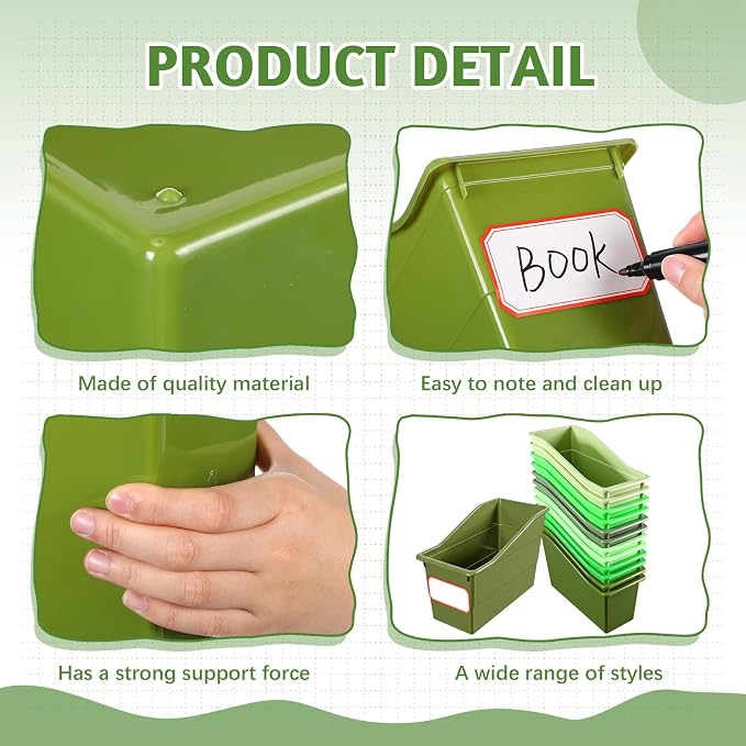 Teling 12 Pcs Book Bins Bulk for Classroom Storage Plastic Magazine Holder with Label Interlocking File Folder Organizer Binder Container Box for School Office Desktop Bookshelf Home (Gradient Green) - Image 2
