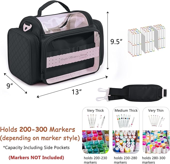 Marker Organizer Case Bag for 200-300 Markers – Large Art Supply Storage Bag with Detachable Dividers, Travel Marker Holder for Alcohol Markers, Brush Pens, Colored Pencils & Craft Supplies - Image 2