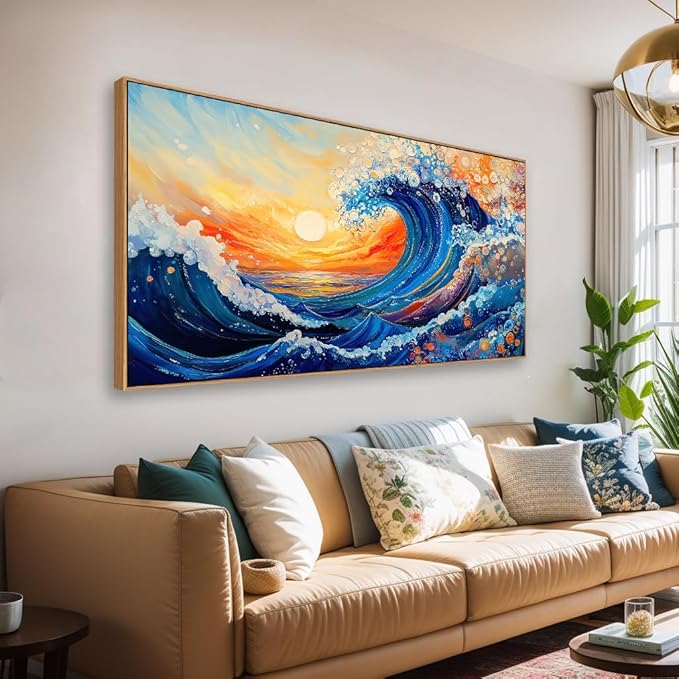 HUADAOART Vibrant Wave Wall Art Framed Canvas Painting Colorful Wave Abstract Decor for Living Room Bedroom Dining Room Home Office Wall Decor 24 x 48 inches
