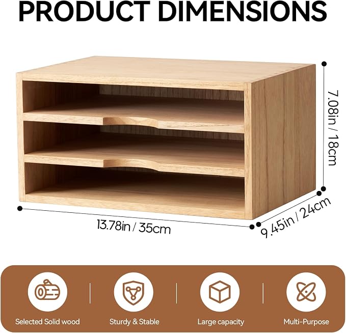 KIRIGEN Wooden Desk Organizer 3-Tier Letter Tray and Paper Sorter, Natural | Solid Wood Paper Tray Document Holder Organizer for Letters, Files, Folders, Mail, Magazines and Office Supplies - Image 3