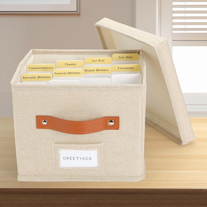 Greeting Card Organizer with dividers - Storage Box with lid Holds 150+ Cards - Assortment Box for Greeting Cards,Recipes, Photos, Envelopes, Keepsake - 9 x 9 x 7 Inches (Beige, 2 pcs) - Image 5