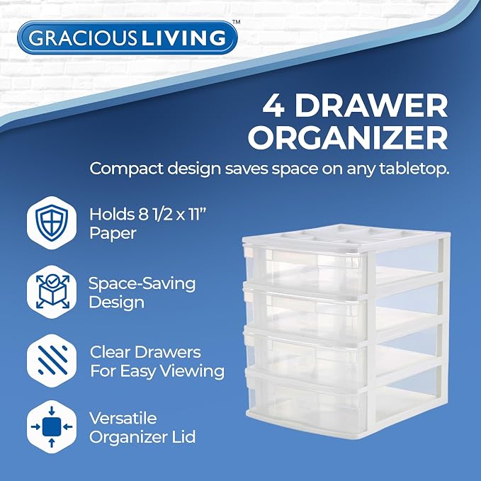 Gracious Living Drawer Organizer, 4-Tier Plastic Storage Desktop Drawers, White Frame - Stackable Clear Desk Containers & Organizers for Shelves, Bathroom, Closet, Kitchen Pantry & Office Organization - Image 4