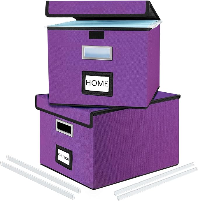 File Organizer Box with Lids, Collapsible File Folder Organizer | File Box with Plastic Slides for Office Document Storage, Filing Bin for Letter Size Hanging File Folders (2 Pack, Purple) by Huolewa