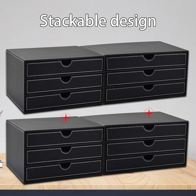 PU Leather Desk Organizer with 3 Drawers,Executive Office Supplies Desktop Filing A4 File Cabinet/Holder for Jewelry/Bill/Paper/Documents/Makeup Home Decor Stationery Storage Box,Black - Image 6