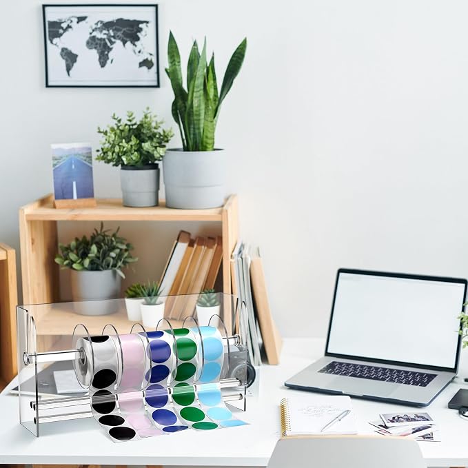 Qilery Adjustable Label Dispenser Acrylic Roll Sticker Dispenser Sticker Holder Organizer Label Stand for Holding Office Home Journal Business Use(9 Disks) - Image 6