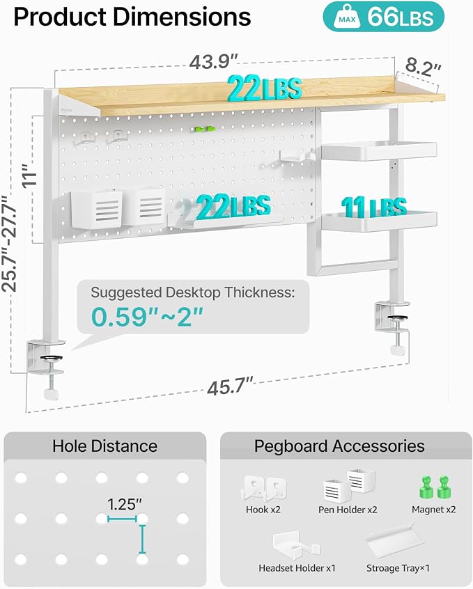 Clamp on Desk Shelf, 44" Desktop Shelving System, White | with Pegboard and Accessories, Desktop Organizer with 2-Tier Shelf, Desk Pegboard for Gaming Office - Image 3