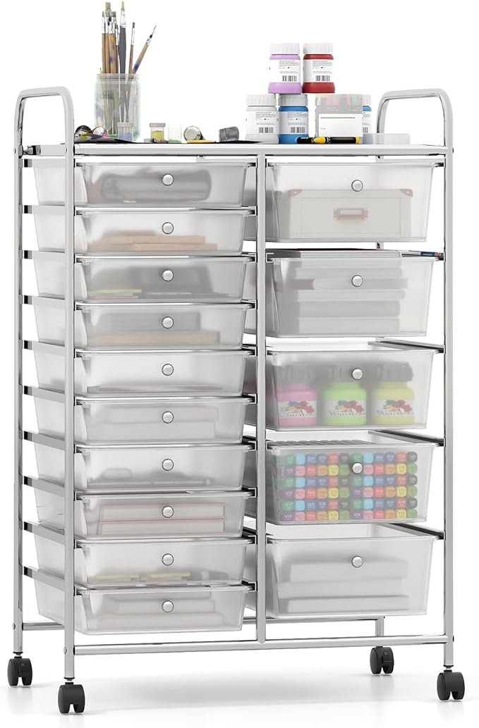 Giantex 15 Drawer Rolling Cart with Drawers, Storage Organizer Cart for Classroom Office School Teacher, Mobile Drawer Cart for Tools, Crafts, Small Printer, Clear by Giantex