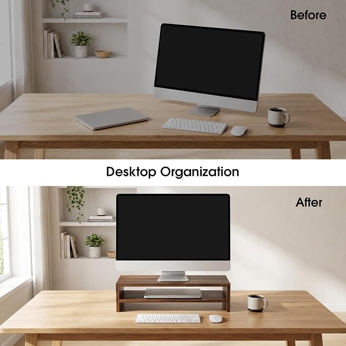 FITUEYES Wooden Monitor Stand Riser, 2-Tier Desk Storage Shelf, Brown | 21.3-Inch Desktop Organizer Fits Laptop, Computer Screen and Office Supplies - Image 6