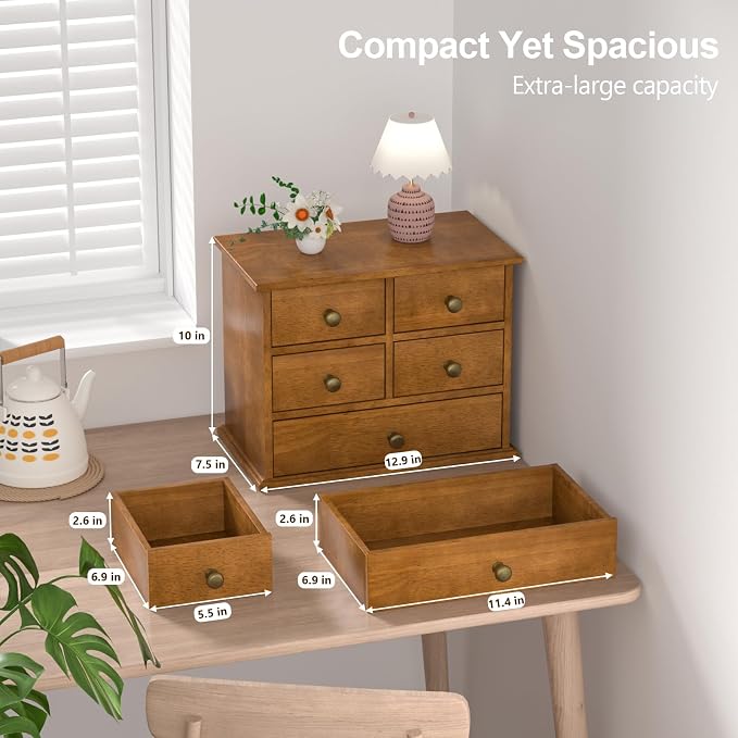 Oak Desk Organizer with Drawers, Durable Wooden Desktop Storage Box | 5 Drawer Tabletop Organizer with Metal Handles & Non-Slip Pads for Office, Bedroom, Bathroom, Vanity & Makeup Storage, Walnut - Image 2