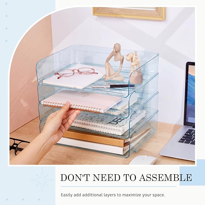 Harloon 4 Tier Clear Blue Acrylic Paper Organizer Letter Tray, Aesthetic Stackable Desk File Organizer Paper Holder Office Tray for A4, Modern Classroom Office Home File Pad Books Notes - Image 4