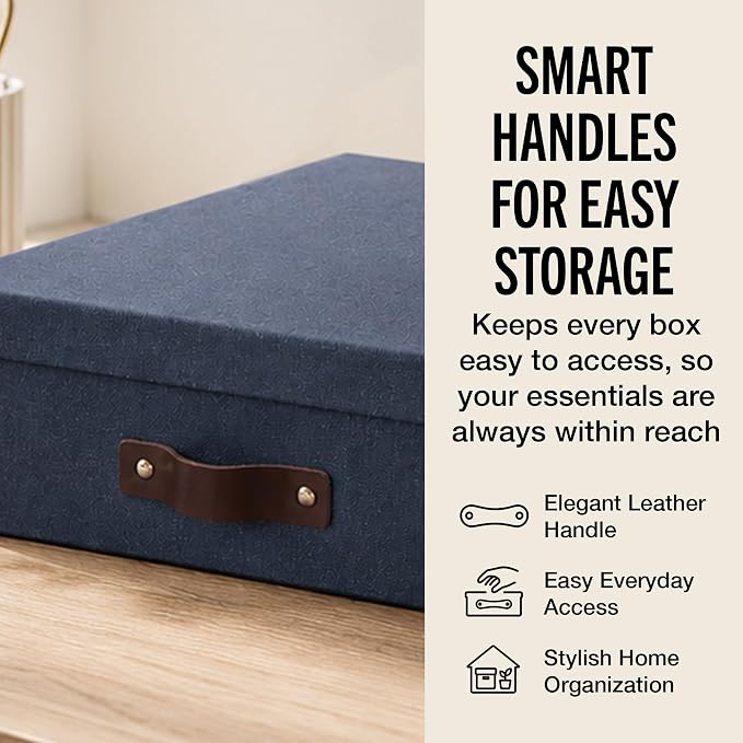 Bigso Oskar Canvas Fiberboard Document Letter Box - File Organizer Box for Important Paperwork - Document Storage with a Lid & Handle - 3.3 in x 10.2 in x 13.8 in - 3 Pack - Blue - Image 5