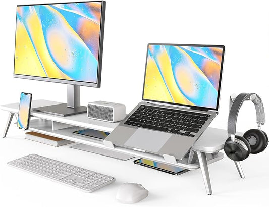 Fenge 42.5-Inch Monitor Stand Riser with Laptop, Phone & Headphone Holders | 10° Adjustable Laptop Holder, 2-Tier Storage, Dual Monitor or Monitor-Laptop Setup, Ideal for Multitasking, Gaming, Streaming by Fenge