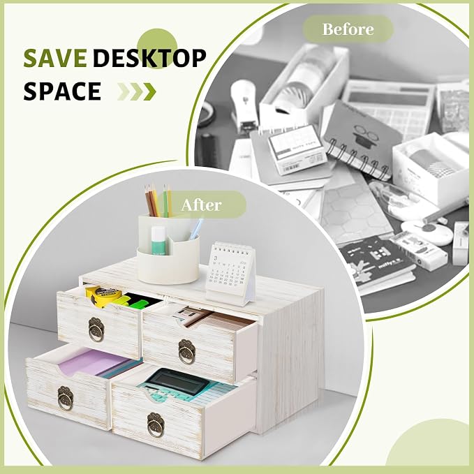 Wood Desk Organizer, White Wooden Desktop Organizer with Drawer, Tabletop Storage Organization Box for Countertop, Home Office Supplies Bills, 13.5x6.6x7.09 Inch(4 Drawer) - Image 6