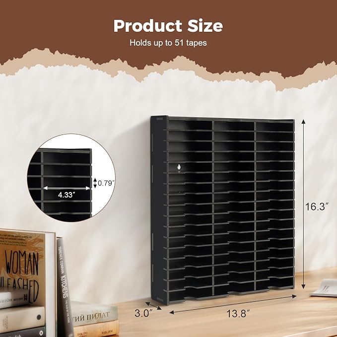 51-Slot Cassette Tape Storage, Desktop Audio Tape Organizer | Wall-Mounted Cassette Holder Rack, Black - Image 2