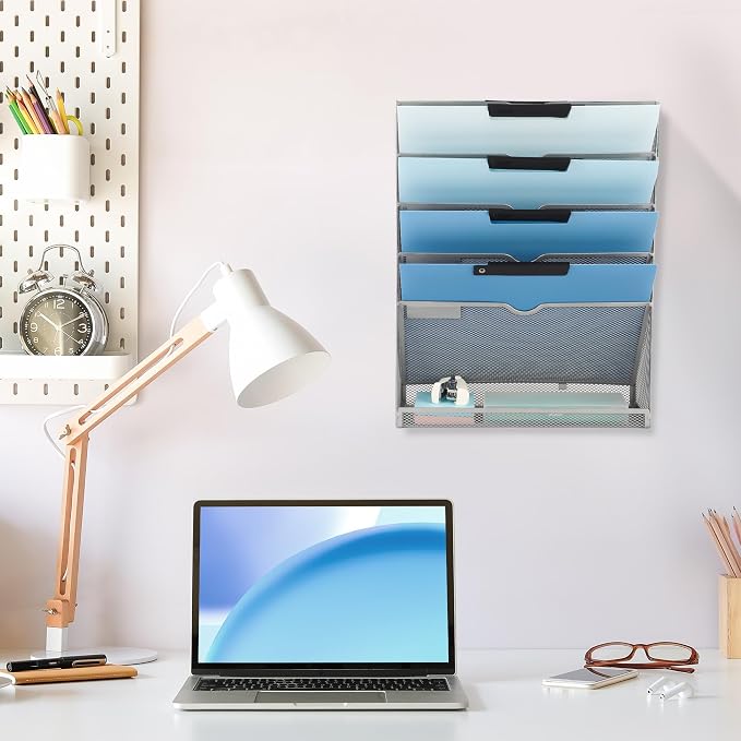 6 Tier Mesh Hanging Wall File Organizer, Desk Vertical Mail Paper Document Folder Holder Rack with Bottom Tray and Nametag Label for Office Home School, Gray - Image 6