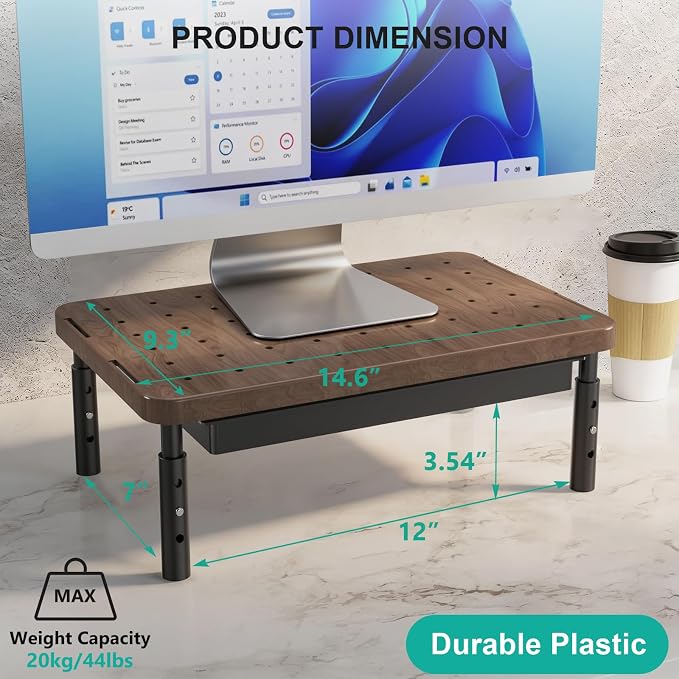 WALI Plastic Computer Monitor Stand with Storage, Adjustable Laptop Riser | Laptop Riser with Airflow Vents, Desk Organizer for Computer, Printer, Notebook (PTT002-C), 1 Pack, Brown - Image 3