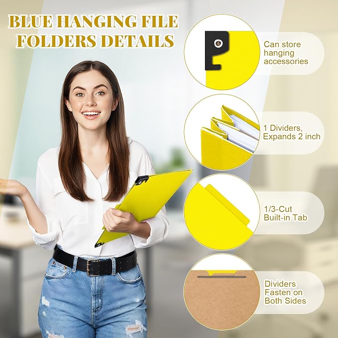 Henoyso 10 Pcs Hanging Classification Folders with Prongs, 1 Divider/ 4 Section, Letter Size, 4 Fasteners, 2 Inch Expansions, 1/3-cut Tab Pressboard File Folder for Office School Medical(Yellow) - Image 3