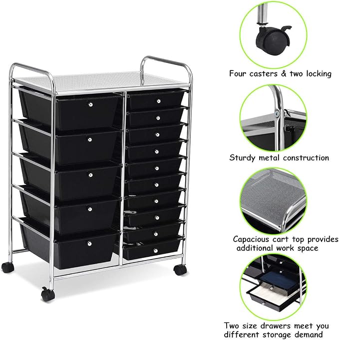 COSTWAY 15 Drawer Rolling Storage Cart, Mobile Utility Cart with Lockable Wheels, Drawers, Multipurpose Organizer Cart for Home, Office, School, Black - Image 11