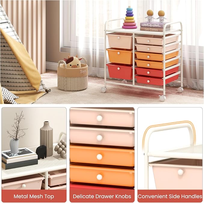 Moccha 9-Drawer Rolling Storage Cart - Under Desk Storage Drawers with wheels for Craft Art Supply Paper Salon, Scrapbook Paper Tools, Mobile Utility Cart for Classroom, Macaron - Image 6