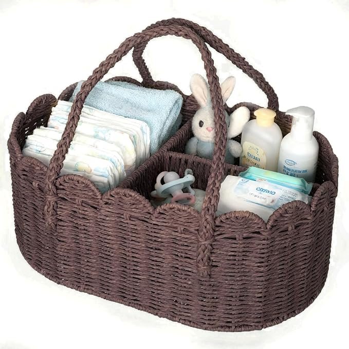 Diaper Caddy Organizer, Paper Rope Storage Baskets Nursery Bin with Removable Divider, Portable Car Organizer for Diapers, Baby Shower Gifts, Newborn Essentials Must Haves (Dark Brown) by Unknown