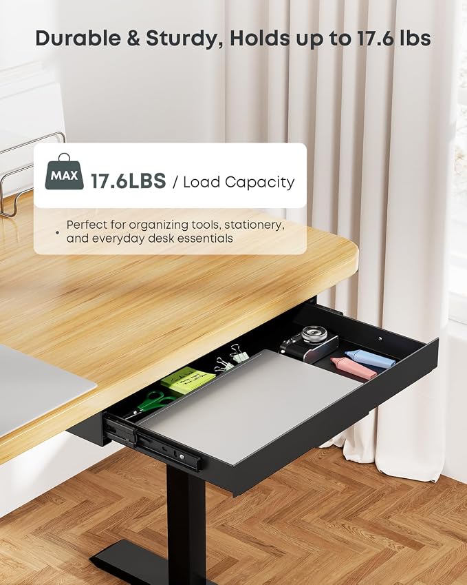 Under Desk Storage Drawer, 14.8" Wide Slide Out Under Desk Drawer | Max Load 17.6 Lbs, Quiet Glide, for Standing Desks & Home Offices, Heavy Duty Steel, Black - Image 4