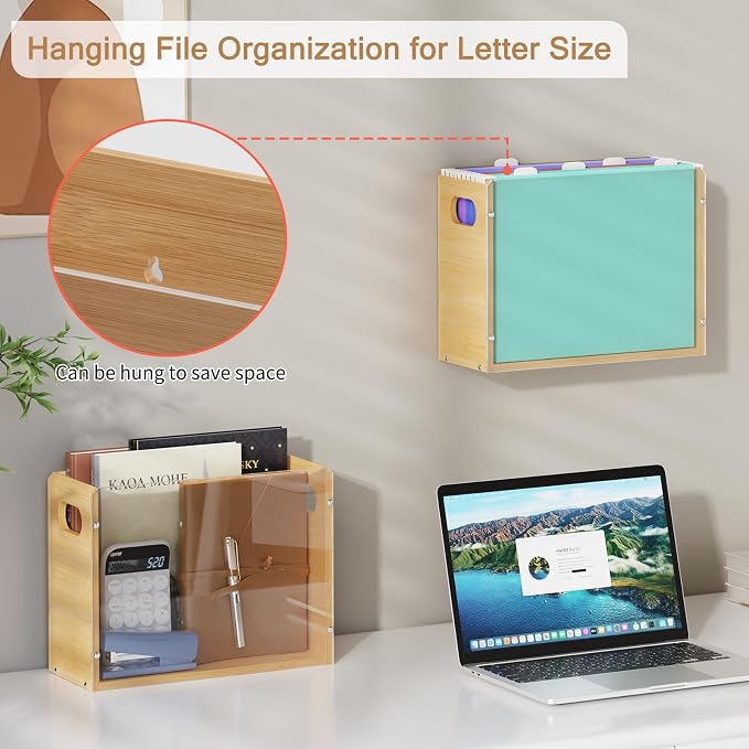 Sbanmao Acrylic Wall File Organizer, Hanging File Folder Organizer with Handle, Bamboo File Box File Crate Storage Box, Portable Filing Organizer for Home Office Classroom (Letter Size, 2 Pack) - Image 6