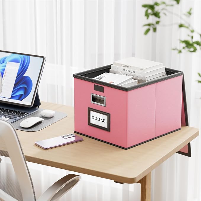 File Organizer Box with Lids, Collapsible File Folder Organizer | File Box with Plastic Slides for Document, Filing Bin for Letter Size Hanging File Folders (4 Pack, Pink, Leather) - Image 2