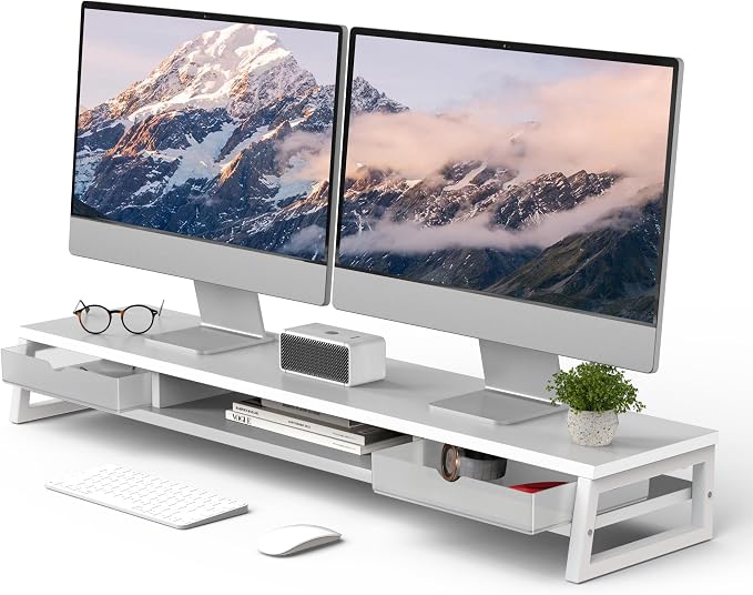 Fenge Dual Monitor Stand Riser, 42.5in Desk Shelf with 2 Drawers, White | 2-Tier Monitor Shelf for Desk, Storage Drawer with Stopper, Frosted, fit Home Office, Ultrawide Screen, PC, Laptop, TV by Fenge