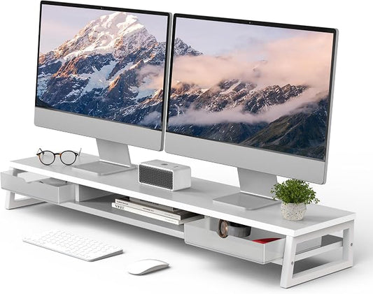 Fenge Dual Monitor Stand Riser, 42.5in Desk Shelf with 2 Drawers, White | 2-Tier Monitor Shelf for Desk, Storage Drawer with Stopper, Frosted, fit Home Office, Ultrawide Screen, PC, Laptop, TV by Fenge