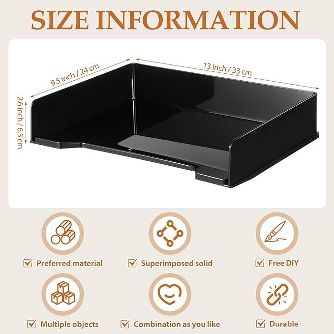 DoubleFill 6 Pcs Stackable Letter Tray Rectangular Plastic Desk Organizer 13 x 9.5 x 2.6 in Paper Holder File Tray Accessories Rack for Desktop Office Desk Drawers (Black) - Image 3
