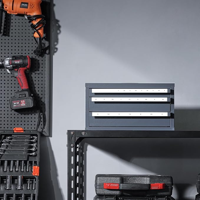 VEVOR Drill Bit Organizer - Three-Drawer Steel Cabinet for 1mm to 13mm, Labels, Stackable - Image 2