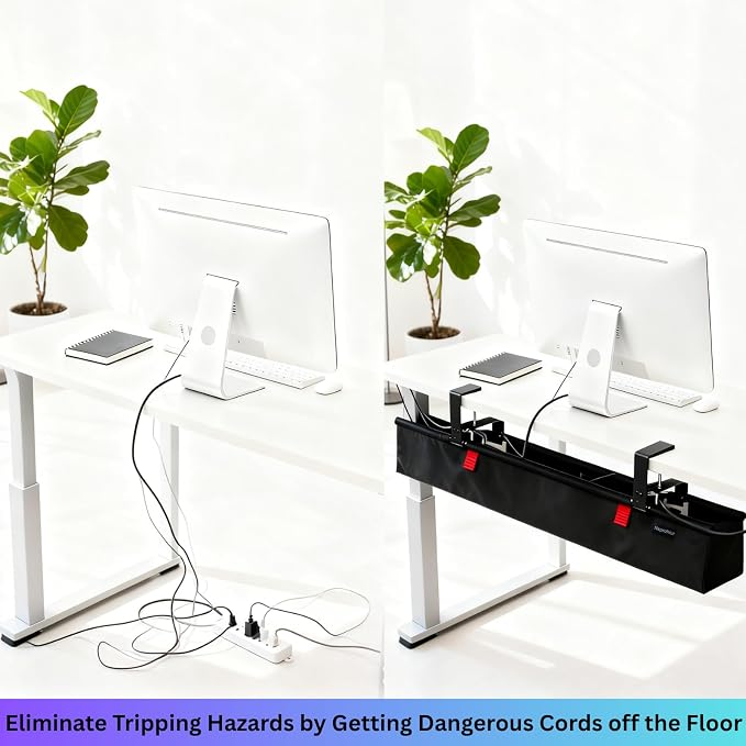 Under Desk Cable Management Tray, 48" Extra Large No Drill Cord Organizer with Easy to Clean Oxford Fabric, Clamp On Power Stripe Holder for Office, Home Office & Gaming Space - Image 2