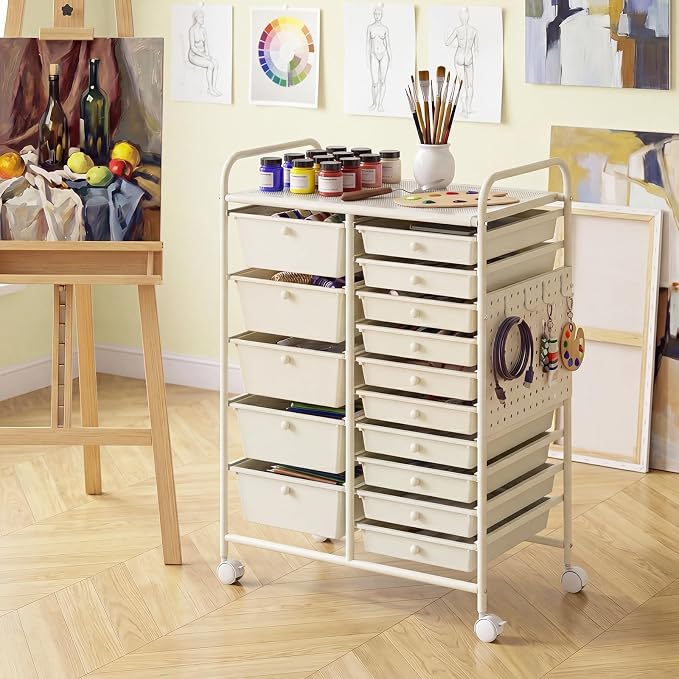 GOFLAME 15-Drawer Rolling Storage Cart with Pegboard, Craft Storage Cart with Lockable Wheels and Metal Frame, Art Cart Supply Storage Organizer for Home Office Classroom, White - Image 2