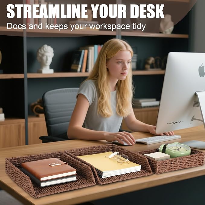 3 Pack Paper Rope Woven Stackable Desk Organizer Letter Tray, Brown Tabletop Desk Basket for Storage Paper Letter Folders Notebooks Copy Print, Workspace Holder - Image 4